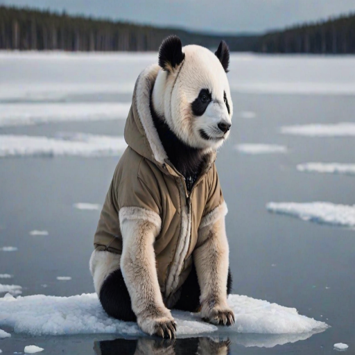 The image is a high-resolution photograph of a charming panda named Huahua, depicted sitting on the frozen surface of a serene lake in Finland. Huahua has her distinctive black and white fur, and she is dressed in a cozy winter outfit, complete with a thick parka, snow boots, and a warm hat with ear flaps. The outfit is detailed with fur lining and bright, contrasting colors, adding warmth and vibrancy to the cold setting.