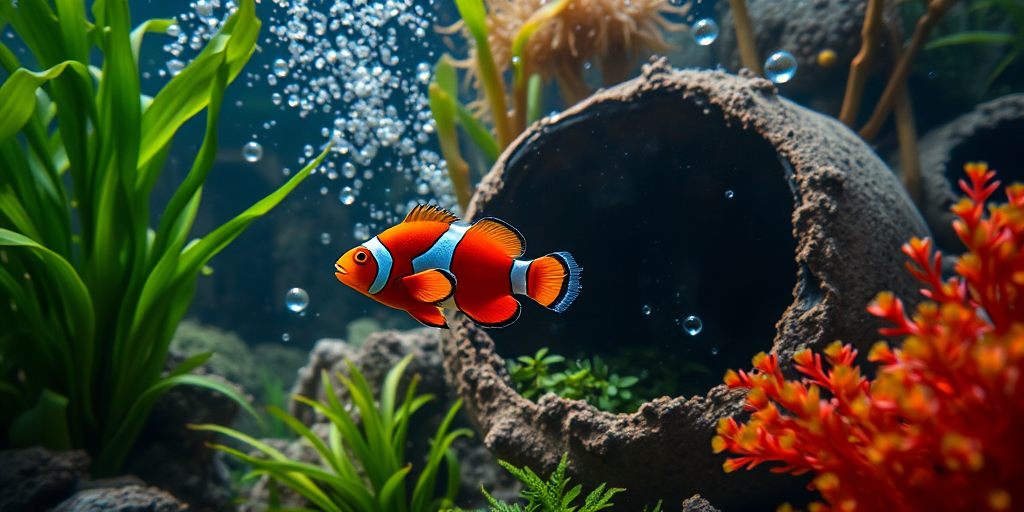 Underwater scene featuring vibrant clownfish swimming near a broken pot surrounded by lush green plants and bubbles, captured with a Canon EOS R, 50mm lens, f/2.8, ISO 200, 1/200 sec, using macro photography style and vibrant color settings.