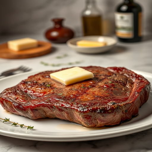 Create an image of a perfectly seared ribeye steak, resting on a white plate with a pat of melting butter on top. The steak is seasoned with fresh herbs like thyme and parsley, with glistening juices highlighting the texture of the meat. The background features a soft focus on a light, marble countertop, with a small dish of butter and an olive oil bottle in the distance. The overall mood should be warm and inviting, capturing the deliciousness and juiciness of the steak.