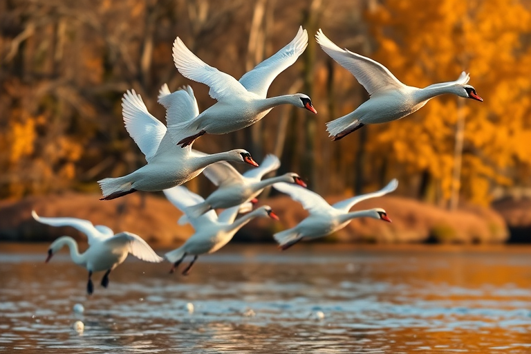 Capture a dynamic scene of swans in flight with a shallow depth of field, 85mm lens, f/2.8 aperture, ISO 100, 1/2000 sec shutter speed, shot from a low angle to emphasize the birds against a blurred background of autumn trees, golden hour lighting for warm tones.