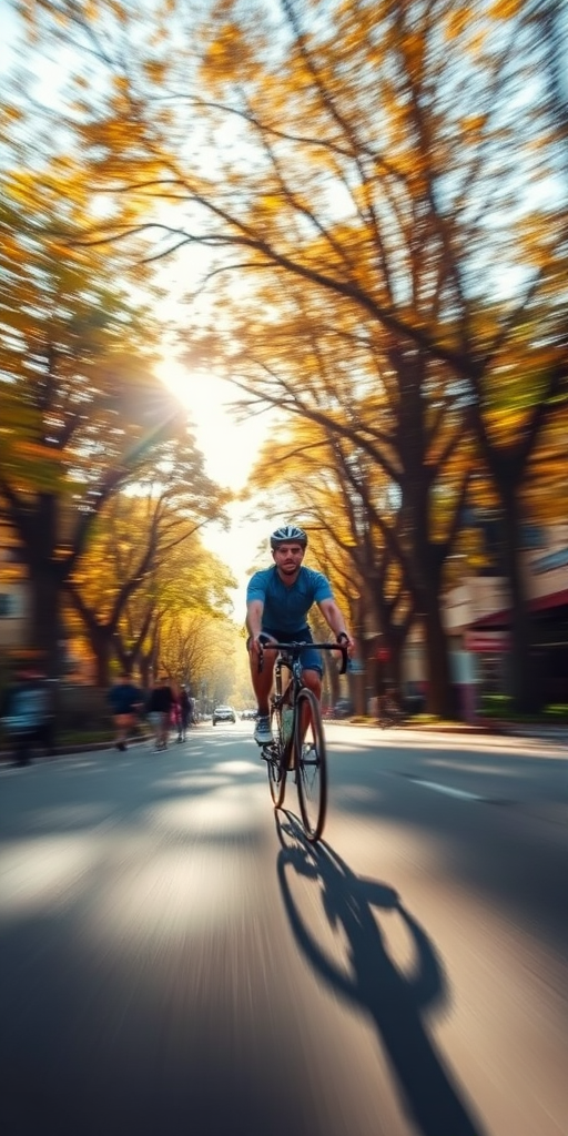 Blurry, fast-paced image of a cyclist speeding down a tree-lined street, autumn leaves swirling in the air, soft sunlight filtering through the trees, shadows stretching across the pavement, pedestrians glancing as the cyclist passes by.