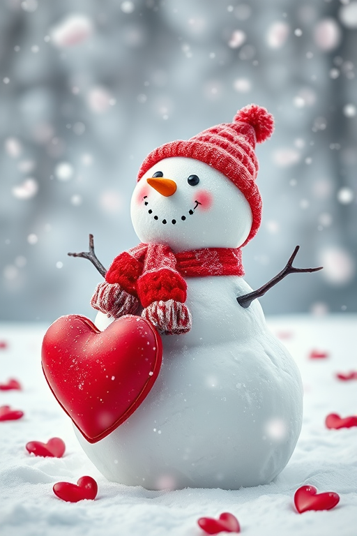 Create a whimsical winter scene featuring a cheerful snowman with a red hat, holding a large red heart, surrounded by softly falling snow, hearts scattered in the snowy landscape, shot with a Canon EOS R5, 50mm lens, f/1.8 aperture, ISO 100, natural lighting, and a slight bokeh effect to enhance the image quality.