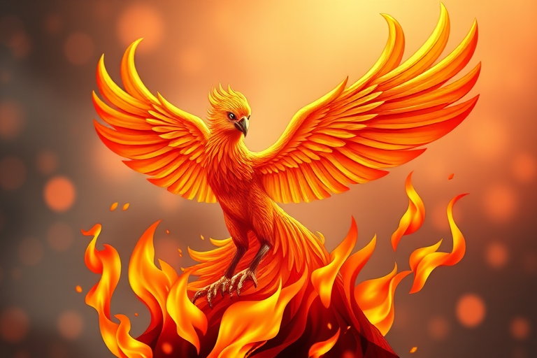 Create a high-resolution illustration of a stylized phoenix rising from flames, captured with a Canon EOS R5, 50mm f/1.2 lens, ISO 100, aperture f/1.2, and a shallow depth of field, showcasing vibrant colors and dynamic motion with soft bokeh in the background.