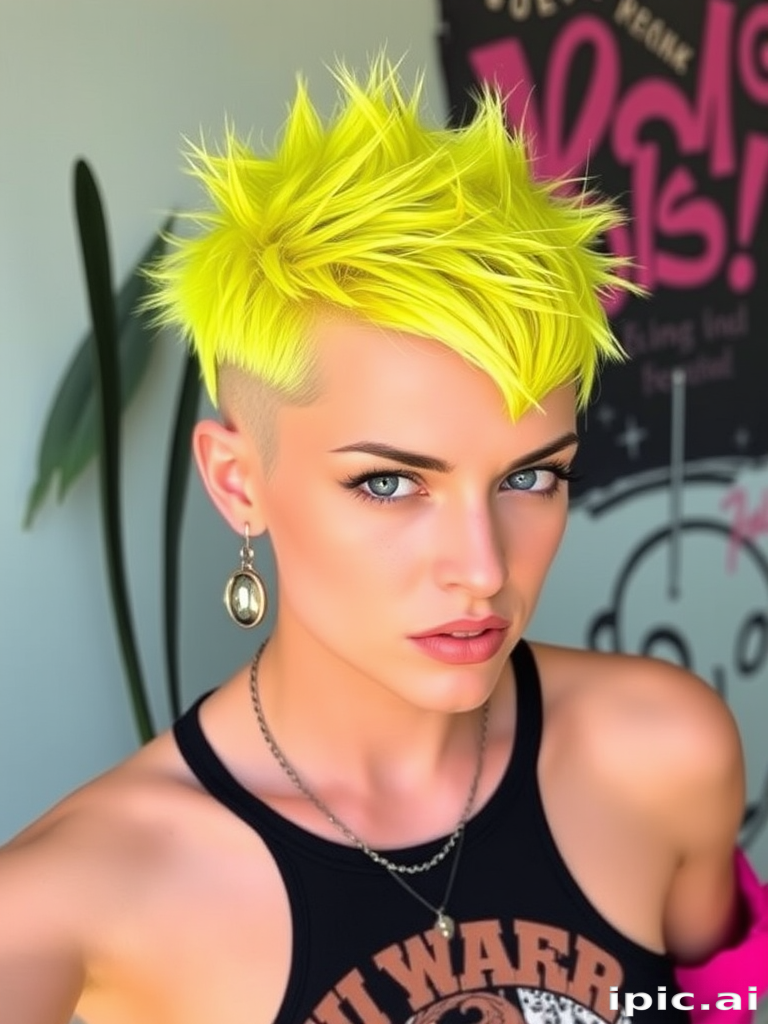 Daring neon yellow-haired rebel with an edgy, asymmetrical pixie cut featuring shaved sides and spiky texture