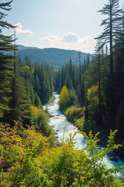 Create a detailed image of a serene landscape featuring a lush forest with a river flowing through it, captured with a Canon EOS R5, 50mm lens, f/1.8 aperture, ISO 100, in sunlight with a shallow depth of field to enhance the colors and clarity.