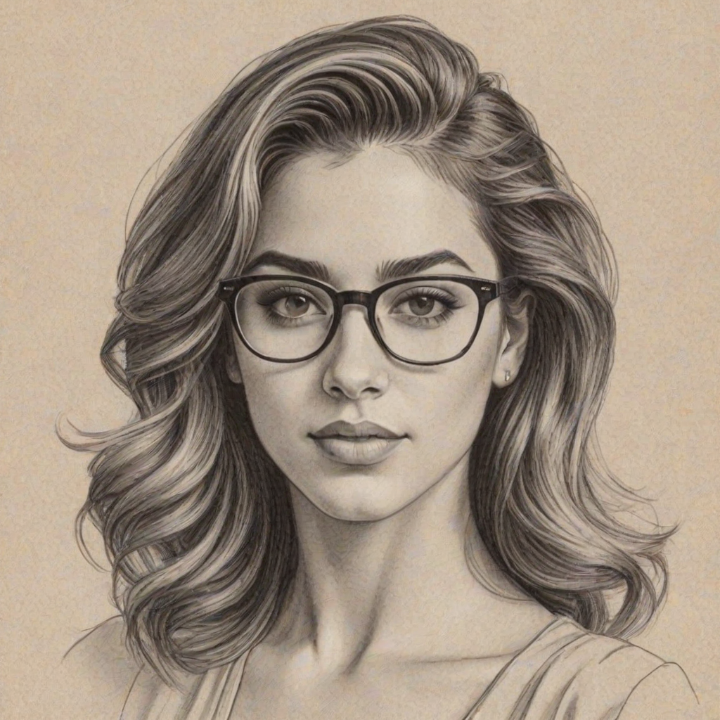Elegant Fifth Harmony, pencil sketch, portrait of Resplendent woman 1941s in glasses, hair style beatnik, outline, clear lines, fine lines, 8k