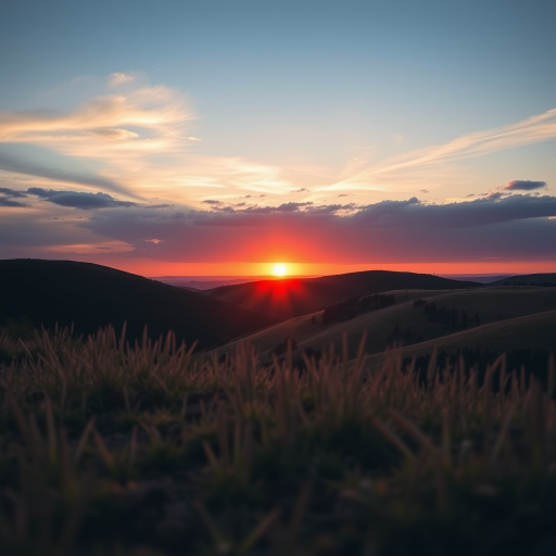 Create a high-resolution image of a serene landscape featuring rolling hills and a vibrant sunset, captured with a Canon EOS R5 at f/8, ISO 100, 1/200s, with a wide-angle lens from a low angle view to enhance depth and detail.