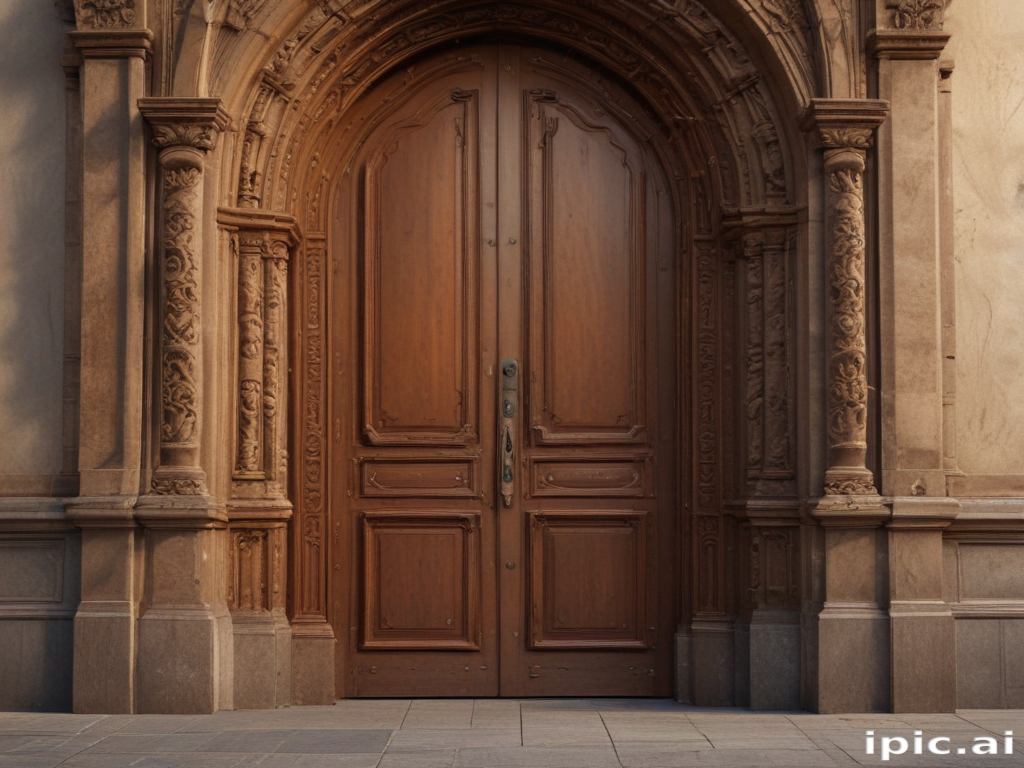 Intricately Carved Wooden Door Framed by Ornate Architectural Details