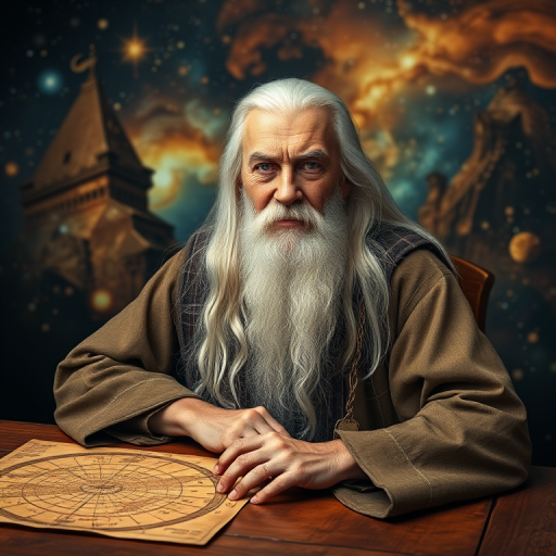 Create a highly detailed portrait of an elderly scholar with long white hair and a wise expression, seated at a wooden table covered with ancient maps and celestial diagrams, against a vivid cosmic background featuring stars and galaxies, using a 50mm lens, f/1.8 aperture for a blurred background effect, ISO 100 for clarity, and a soft diffused lighting style to enhance the textures of the skin and fabric.