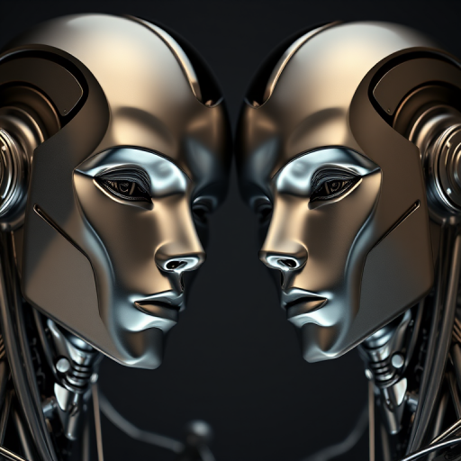 High-resolution rendering of two stylized metallic humanoid figures, focused on facial details, with a soft studio lighting setup, 50mm lens, f/1.8 aperture, ISO 100, 1/200 sec shutter speed, using a full-frame DSLR camera.