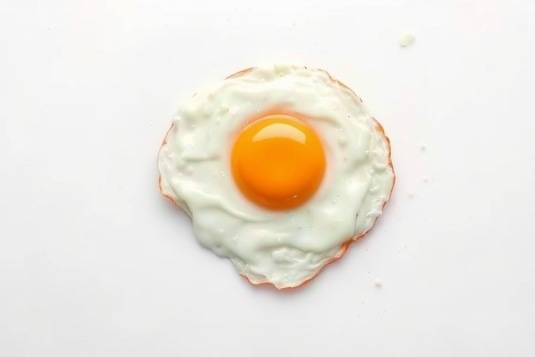 Create a high-resolution digital illustration of a fried egg on a plain background, using a DSLR camera, aperture f/2.8, shutter speed 1/60 sec, ISO 100, top-down view, with soft lighting for enhanced detail and texture.
