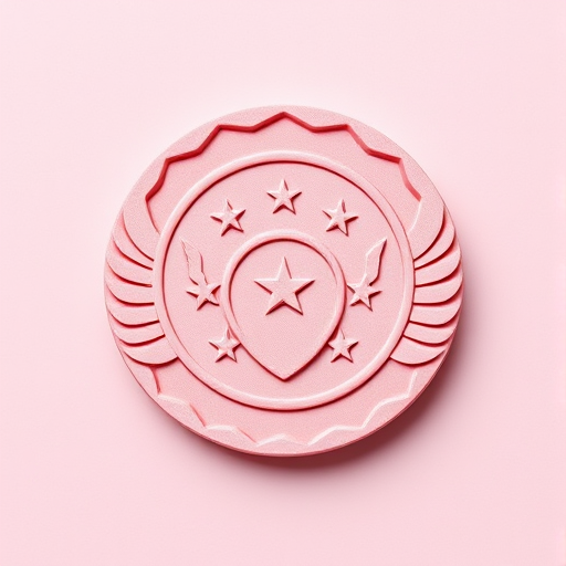 Create a high-resolution image of a circular badge with two wing designs on each side, five stars centered below the top arch, featuring a smooth gradient from light pink to darker shades, using a DSLR camera at f/2.8, ISO 100, with a 50mm lens and a shallow depth of field, shot from a straight-on angle with natural light to enhance clarity and detail.