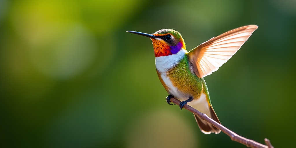 Capture a vibrant hummingbird perched on a delicate branch in soft focus, using a 100mm f/2.8 lens, aperture at f/4 for a shallow depth of field, ISO 200, shutter speed 1/500s, with natural sunlight illuminating the scene.