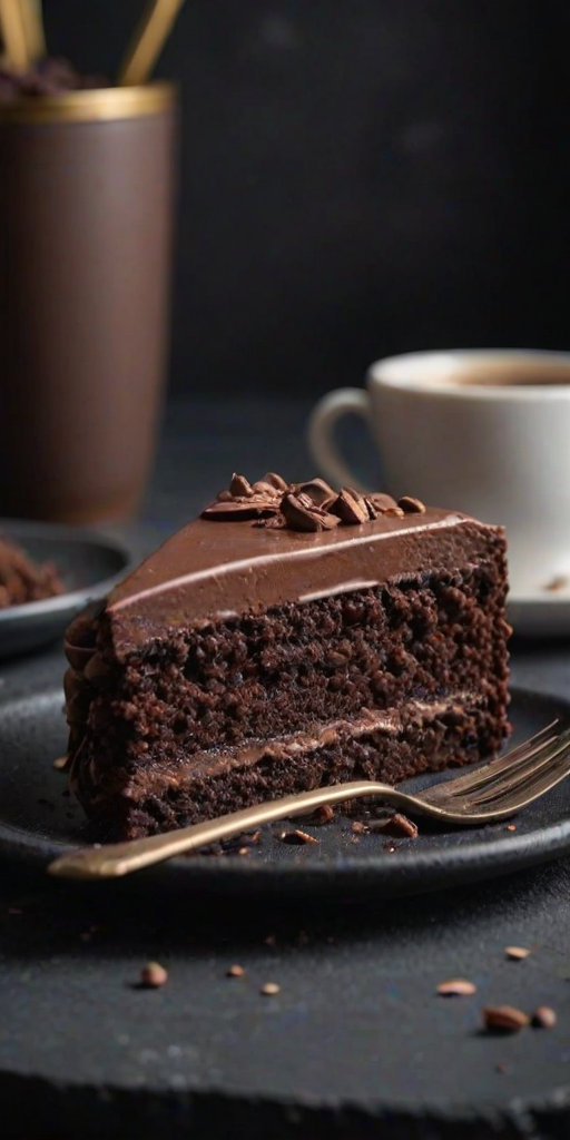 Generate an image of a slice of rich chocolate cake on a dark plate. The cake has multiple layers, with smooth chocolate frosting and chocolate shavings on top. In the background, there is a blurred image of a coffee cup. The setting should have a warm, cozy atmosphere.