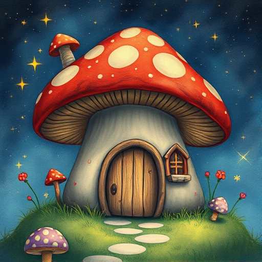 this picture is illustration of a mushroom house with a door and a window, a storybook , fantasy art, mushroom house, bg starry sky, sparkles