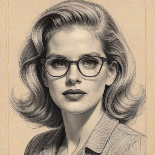 Alluring Anna Chlumsky, pencil sketch, portrait of Beauteous woman 1938s in glasses, hair style beatnik, outline, clear lines, fine lines, 8k