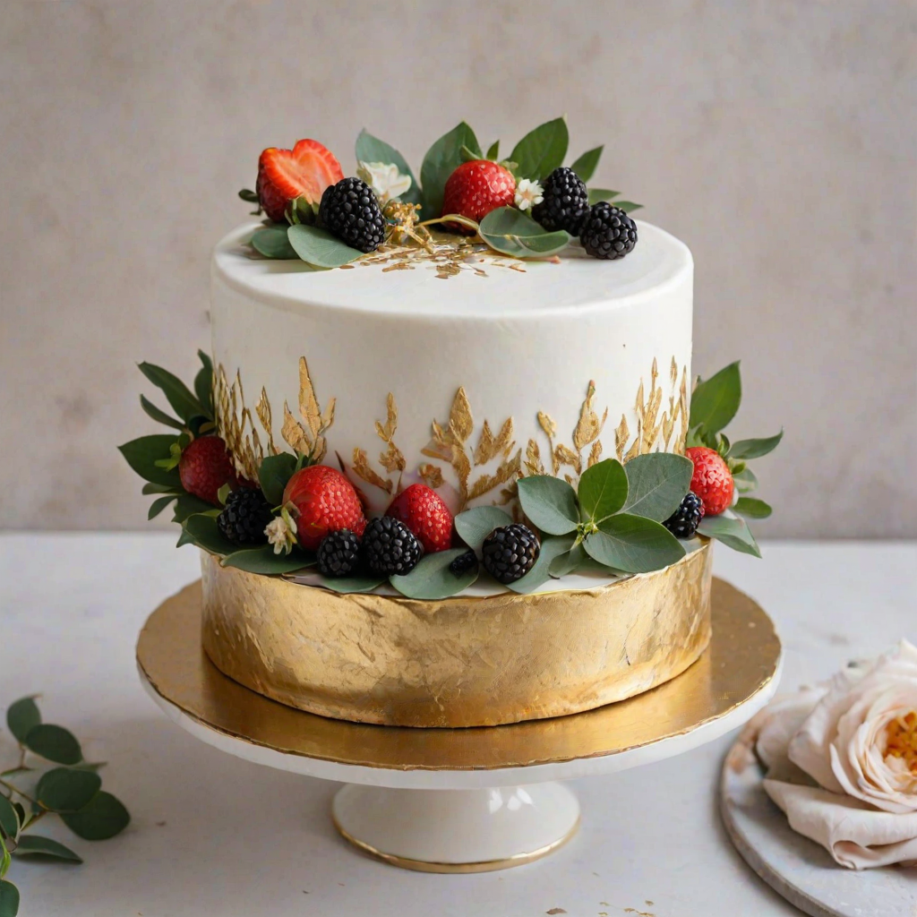 Create a beautifully decorated cake featuring a smooth white icing with gold leaf accents. The cake should have fresh strawberries, blackberries, and a single red rose on top. Add some eucalyptus leaves for a touch of greenery. The cake should be presented on a simple white cake stand against a soft, blurred background of flowers.