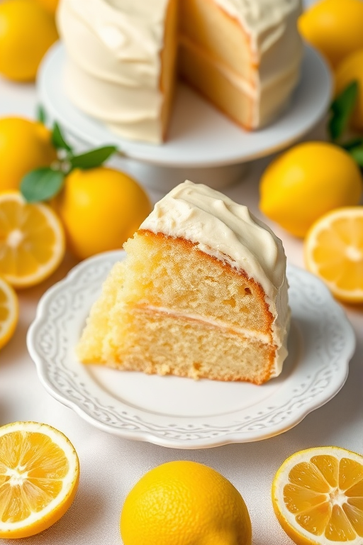 A delicious slice of lemon cake with creamy lemon frosting on a decorative white plate surrounded by fresh lemons and a whole lemon cake in the background. The scene captures a bright and fresh atmosphere perfect for a dessert display.