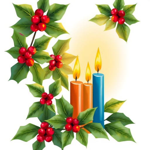 Create an illustration of holly leaves with red berries and three colorful candles with flames, using a DSLR camera with a 50mm lens at f/2.8, ISO 100, 1/200s, in a soft focus style with natural lighting.