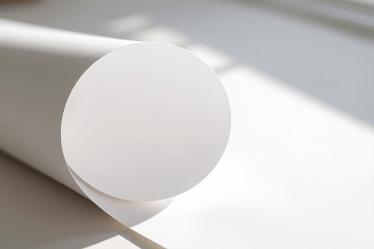 Create a high-resolution image of a roll of white paper with a smooth, curved edge, captured in soft natural lighting, using a DSLR camera with a 50mm lens, aperture f/2.8, ISO 100, and a slight tilt to emphasize depth.