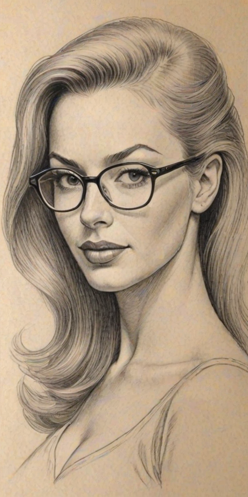 Fascinating Cindy Margolis, pencil sketch, portrait of Fetching woman 1946s in glasses, hair style beatnik, outline, clear lines, fine lines, 8k