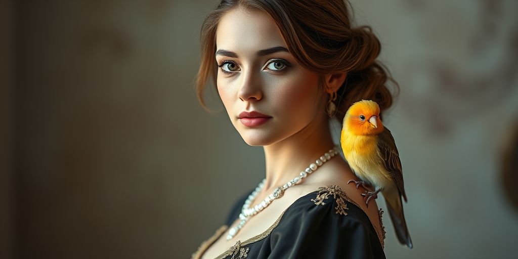 portrait of a young woman in elegant attire with a bird perched on her shoulder, soft lighting, shallow depth of field, f/1.8 aperture, 85mm lens, ISO 100, natural light, taken with a DSLR camera