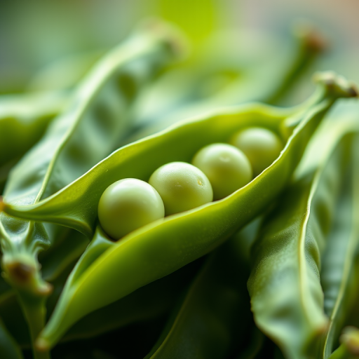 Create a high-resolution image of fresh green pea pods with five peas inside, photographed with a shallow depth of field, using a macro lens, at f/2.8 aperture, 50mm focal length, ISO 100, and natural daylight to enhance color vibrancy and detail.