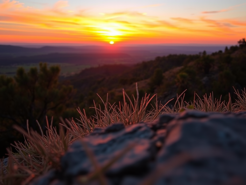 Generate a high-resolution image of a scenic landscape at sunset with vibrant colors, using a DSLR camera, 50mm lens, f/1.8 aperture, ISO 100, and a view from eye level, capturing the depth of field and rich textures in the foreground.
