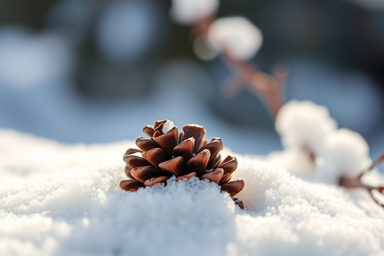 pine cone resting on snow, soft natural lighting, macro photography, aperture f/2.8, shutter speed 1/200s, ISO 100, focal length 50mm, DSLR camera, shallow depth of field, crisp details