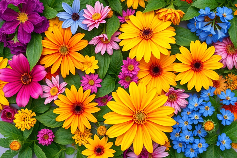 Create a vibrant floral pattern with a variety of flowers in purple, orange, yellow, pink, and blue surrounded by lush green leaves, using a Canon EOS R5 with a 50mm f/1.2 lens, aperture set to f/4, ISO 100, shot from a top-down perspective for a flat lay style.