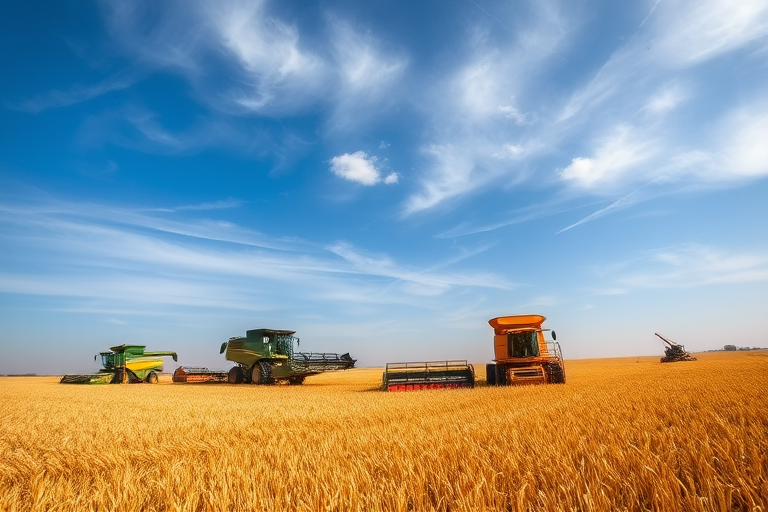 harvesting machinery in a golden field under a blue sky, focus on the combine harvesters in action, vibrant colors, sharp details, wide-angle lens, f/8 aperture, ISO 200, 1/500 sec exposure, landscape orientation, DSLR camera