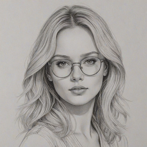 Resplendent Zara Larsson, pencil sketch, portrait of Captivating woman 1971s in glasses, hair style beatnik, outline, clear lines, fine lines, 8k