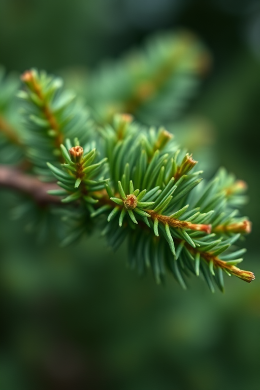 close-up of green coniferous leaves on a branch with soft bokeh background, natural light, f/2.8 aperture, 1/200 sec shutter speed, ISO 100, macro lens, DSLR camera, shot at eye level