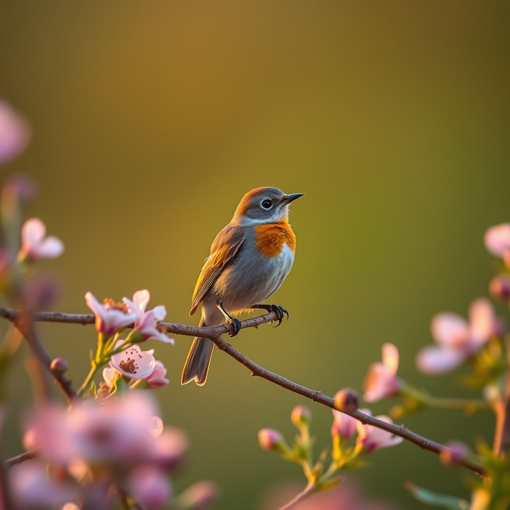 Create a high-resolution image of a bird perched on a branch surrounded by blooming flowers at sunrise, captured with a Canon EOS 5D Mark IV, 50mm lens, f/1.8 aperture, ISO 100, at golden hour for warm lighting and soft bokeh effect.
