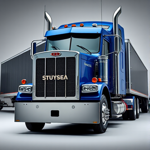 highly detailed image of a blue semi-truck with chrome accents and a black trailer, front view, studio lighting, aperture f/8, ISO 100, shutter speed 1/200, DSLR camera, 85mm lens, sharp focus, vibrant colors