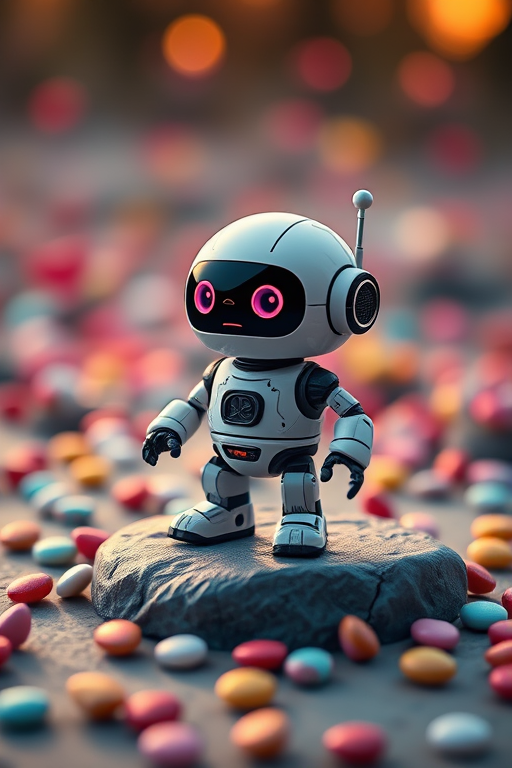 Create an image of a cute cartoon robot standing on a textured platform surrounded by colorful hearts and candies, soft focus, golden hour lighting, depth of field effect, ISO 200, f/2.8, 50mm lens, shot on a DSLR camera.