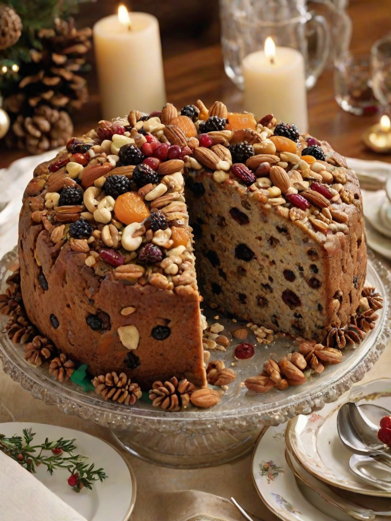 Create an image of a rich fruitcake topped with a variety of nuts and dried fruits. The cake should have a moist texture and be presented on a decorative plate, surrounded by festive decorations like pine cones and other seasonal elements. The setting should evoke a warm, cozy atmosphere, perfect for a holiday gathering.