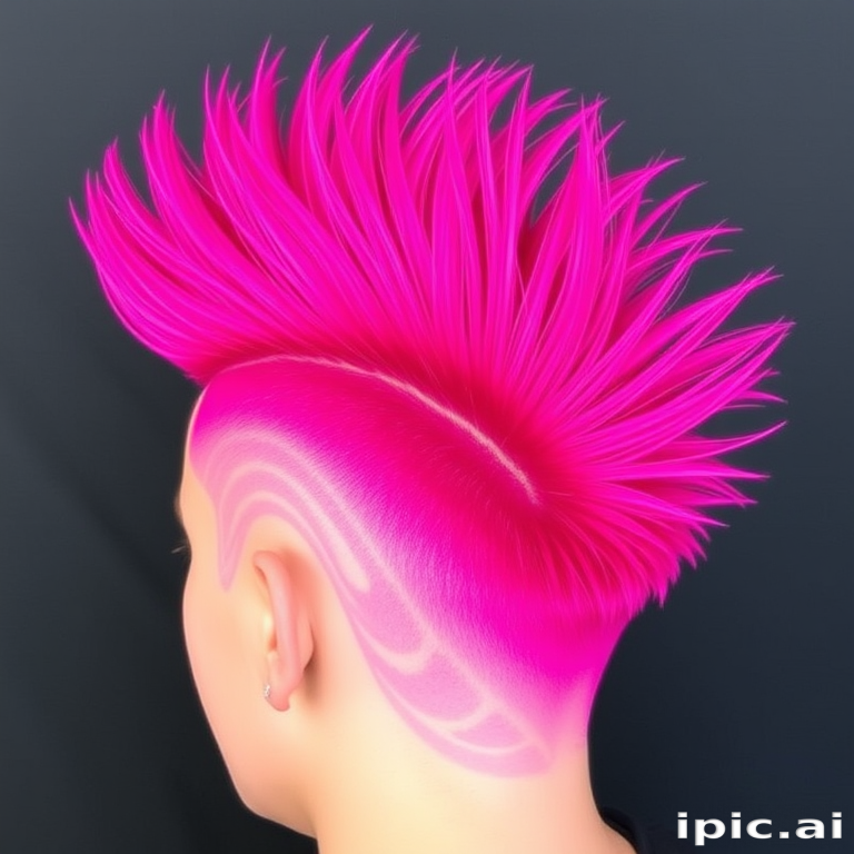 Vivid magenta mohawk fade titled "Fuchsia Flame" tapering from a bold, spiky crown to closely cropped sides with intricate line designs