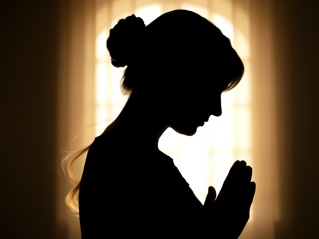 Create a silhouette of a woman in profile with hands clasped in prayer, natural light, f/2.8 aperture, ISO 100, 50mm lens, portrait style, DSLR camera.