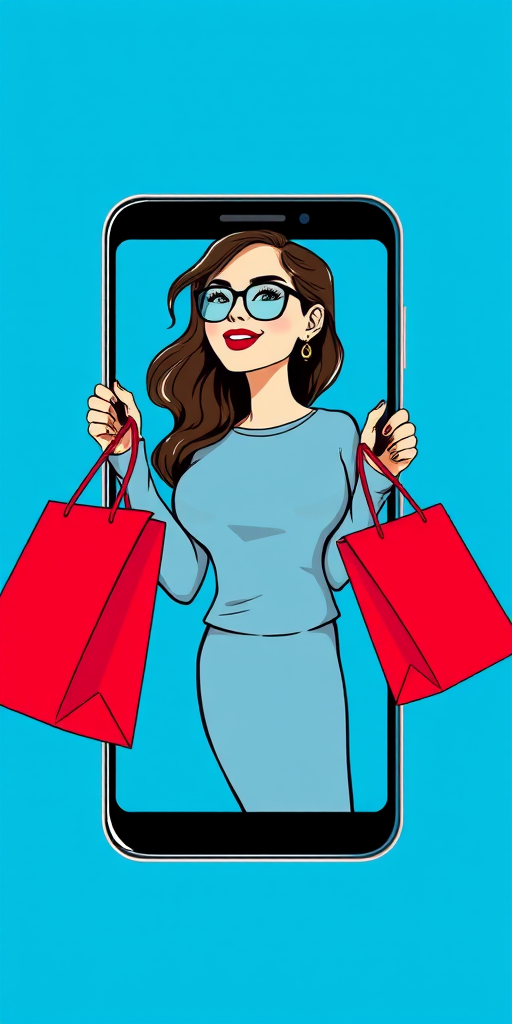 Create an illustration of a woman emerging from a smartphone, holding two red shopping bags, set against a vibrant blue background, with a focus on clean lines and bold colors, using a digital drawing style, captured in a wide-angle view, with high saturation and minimal shadows, resembling the quality of an HD digital illustration.