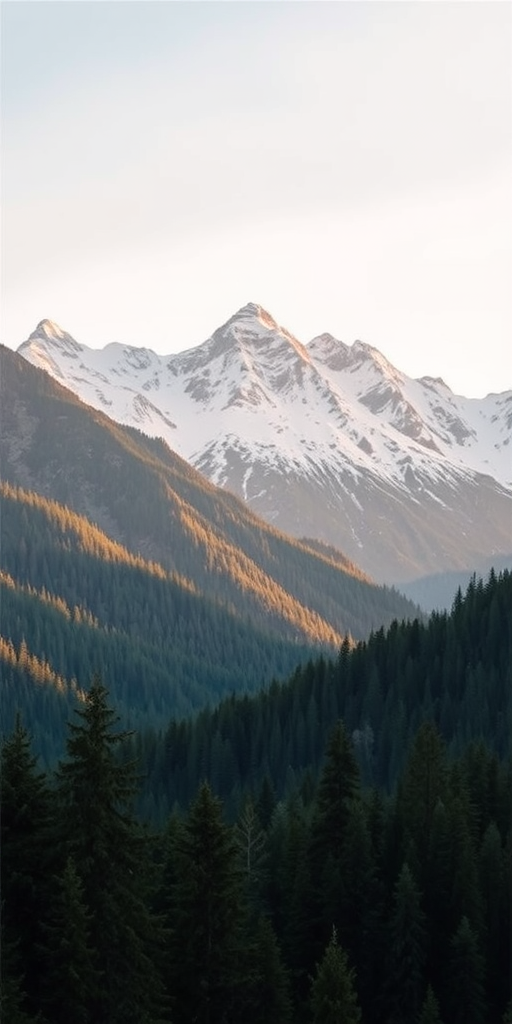 Generate a high-resolution landscape image of snow-capped mountains with lush green forests in the foreground, captured with a DSLR camera at 24mm focal length, aperture f/8, ISO 100, shot during golden hour for soft lighting, using a wide-angle perspective.
