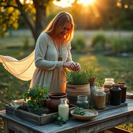 a serene outdoor scene during golden hour featuring a woman in a flowing bohemian dress pouring herbs into a wooden bowl surrounded by various jars and tools on a rustic table, soft focus, warm sunlight filtering through trees, aperture f/2.8, ISO 200, shutter speed 1/200s, captured with a DSLR camera in portrait orientation, enhancing detail and vibrancy
