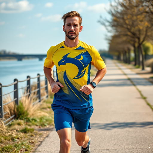 Create an image of a man jogging along a riverside path wearing a yellow and blue athletic shirt that features a design, capture the scene with a DSLR camera at 1/500s shutter speed, f/4 aperture, ISO 200, using a wide-angle lens at eye level for a dynamic, clear, and vibrant image quality.