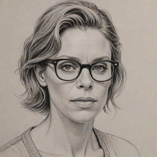 Charming Frances McDormand, pencil sketch, portrait of Attractive woman 1963s in glasses, hair style beatnik, outline, clear lines, fine lines, 8k