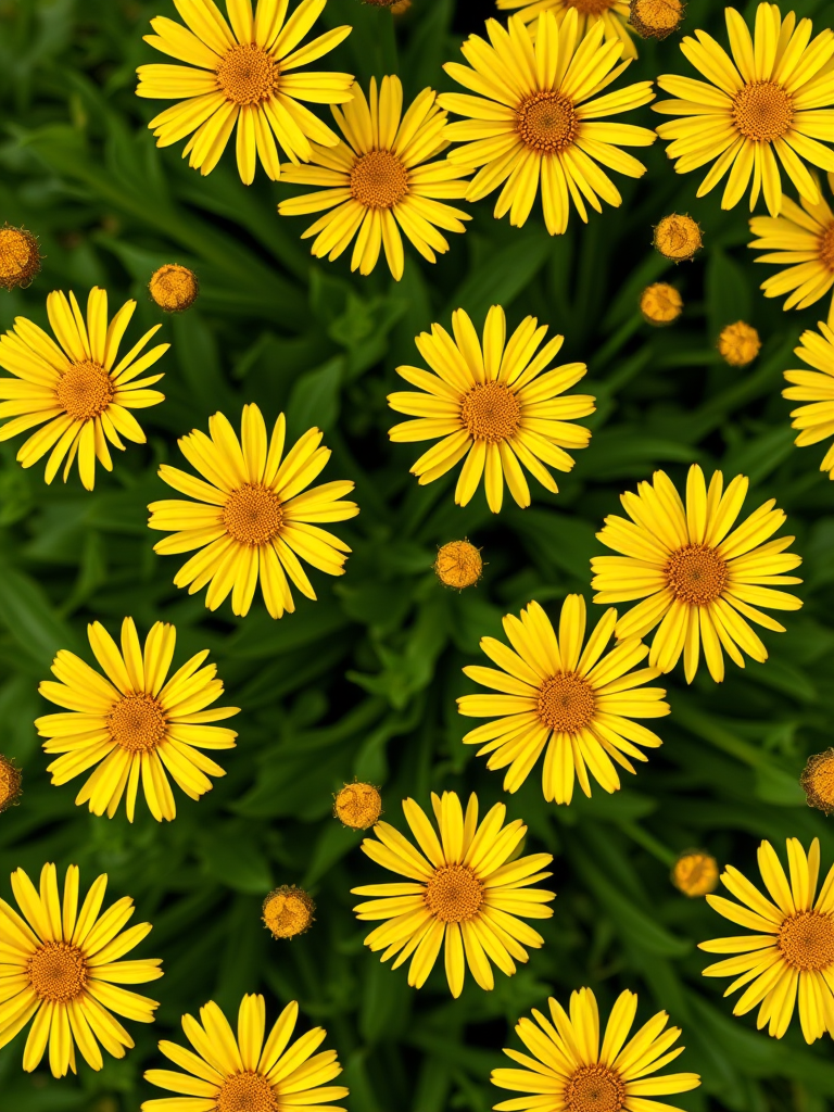 Generate a seamless pattern of yellow flowers on a green background with a DSLR camera, aperture f/4, shutter speed 1/125s, ISO 100, taken from a top-down view for enhanced clarity and detail.