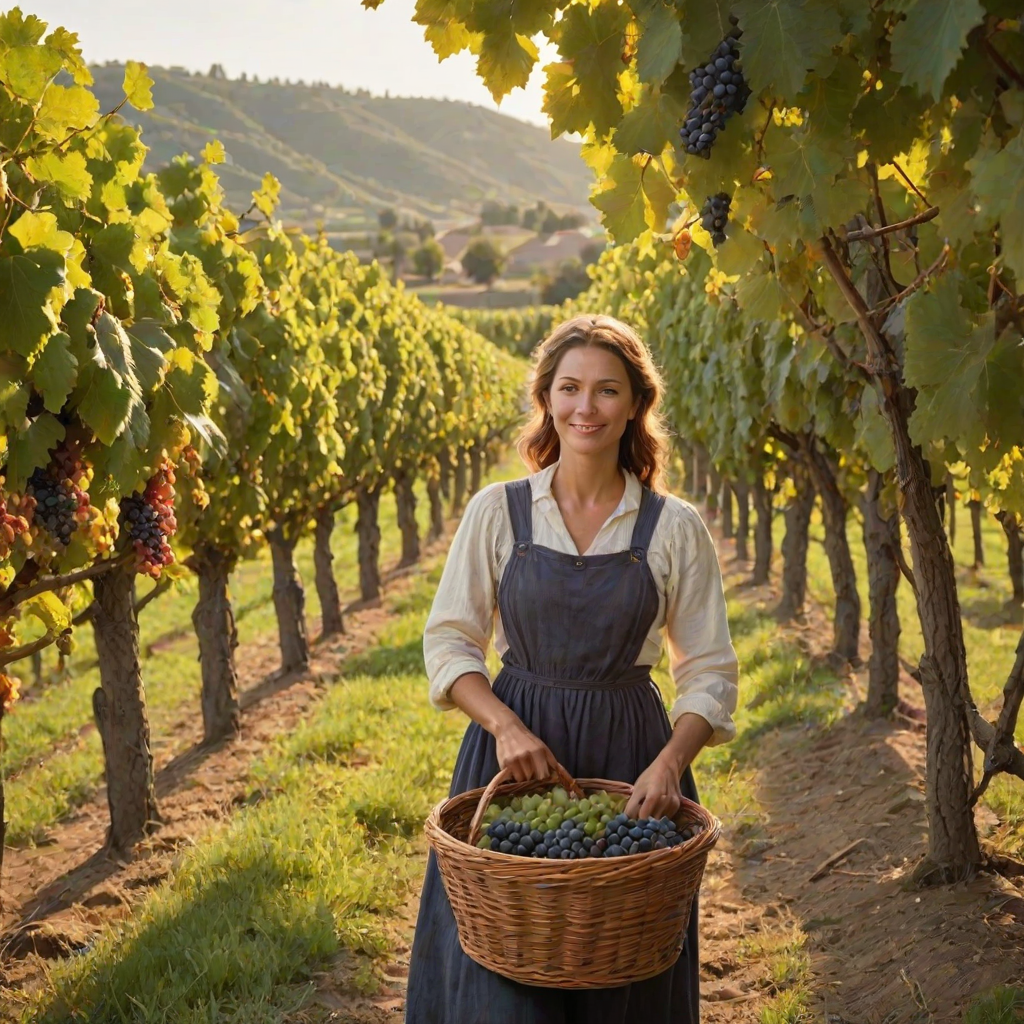 Picturesque vineyard at harvest time, rows of grapevines heavy with fruit, and a woman picking grapes, her basket full and her face lit with contentment.