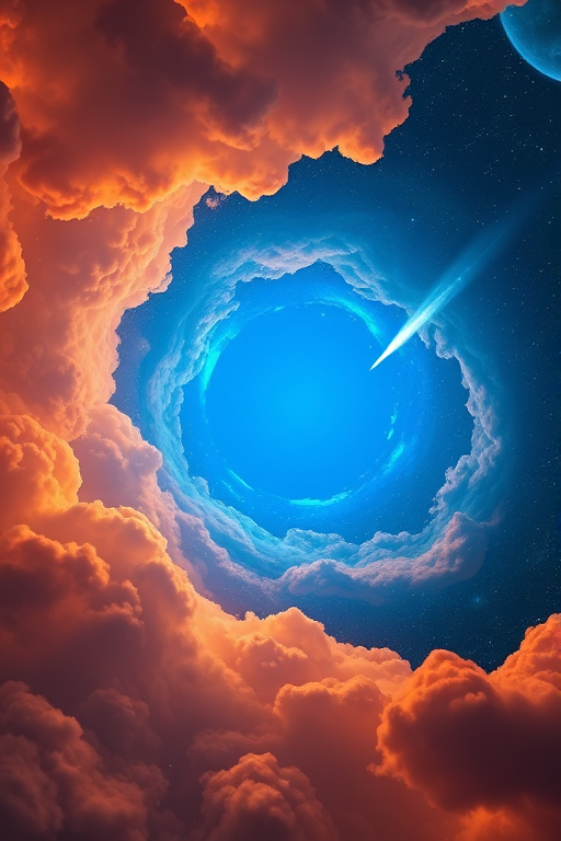 generate a vibrant cosmic scene featuring a central blue void surrounded by swirling clouds of orange and dark blue, with twinkling stars and a comet streaking through the space
