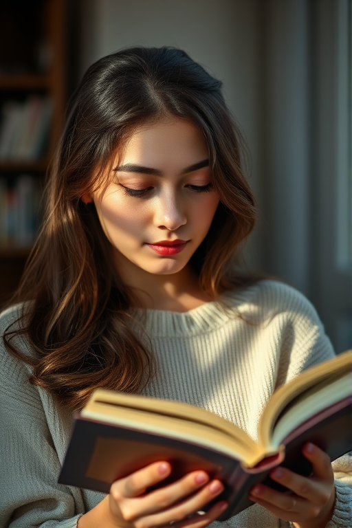 Create a serene indoor portrait of a young woman reading a book, soft natural light filtering through a window, shallow depth of field with a blurred background, use a Canon EOS R5 with a 50mm f/1.2 lens at ISO 200, aperture f/2.8, shutter speed 1/125s, focus on her expression and the book, maintaining a warm and inviting color palette.