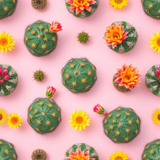 generate a seamless pattern of colorful cacti with pink and yellow flowers on a soft pink background, using a Canon EOS R5, 35mm lens, aperture f/8, ISO 100, in natural light for bright and vibrant colors, capturing fine details and sharpness.