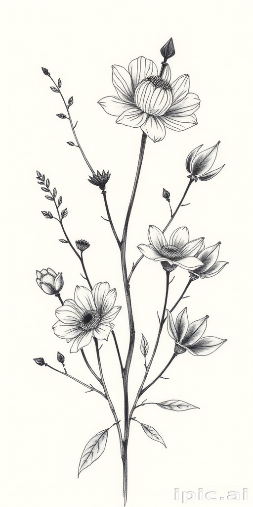 Sketch style tattoo called "Ephemeral Nature" showcasing flora and fauna with loose, gestural lines and subtle shading to create a hand-drawn appearance